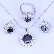 Простой и элегантный цветок черный имитация оникса и кубического циркония серебряный цвет Ювелирные наборы Ювелирная сумка H0255