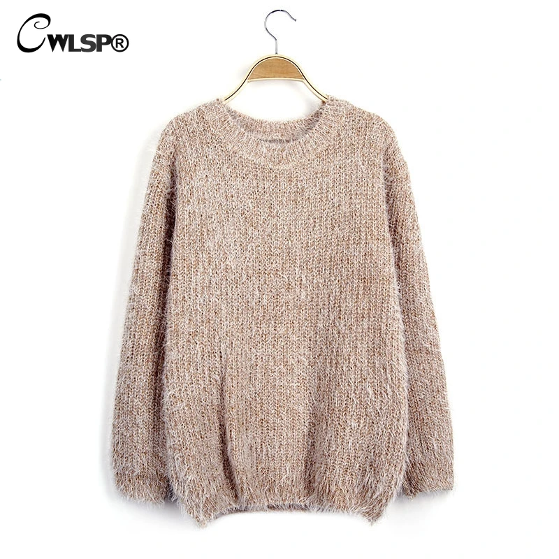 CWLSP Causal Mohair Sweater Women Long Sleeve O neck Autumn Winter Knitted Pullovers  Candy colors Pull Femme Soft Jumper QZ2353