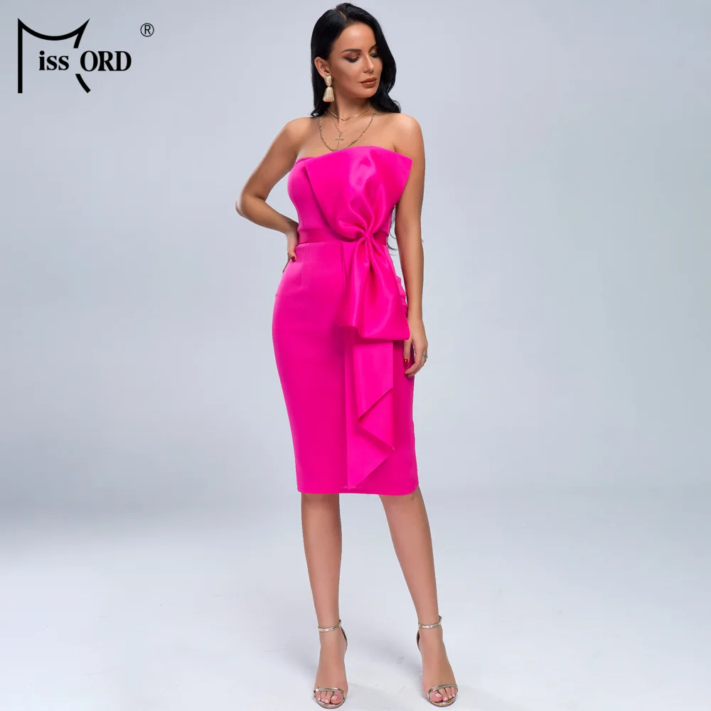 Cena Missord 2019 kobiety lato Sexy Off Shoulder nowe sukienki z kokardą kobiece eleganckie jednokolorowe obcisła sukienka do kolan FT19051