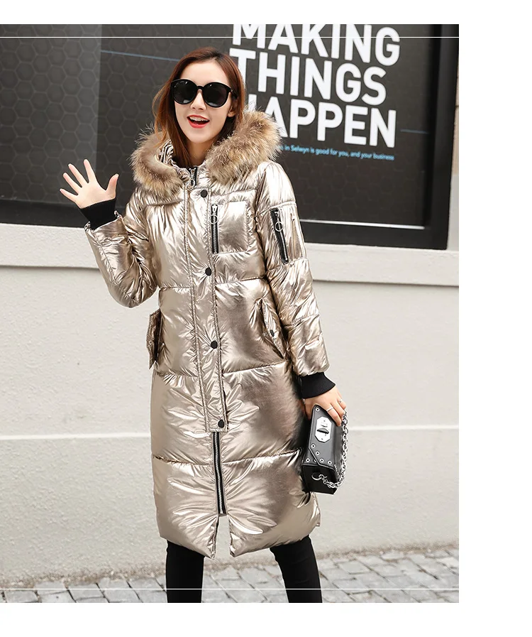 Металлическая золотисто-серебристая зимняя женская куртка с капюшоном, длинное пальто размера плюс, тонкие хлопковые парки, воротник из искусственного меха, теплая верхняя одежда Oke064