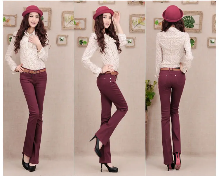 Весна-осень, женские обтягивающие длинные джинсовые штаны с расклешенным низом, 8 ярких цветов, черный, красный, модные Стрейчевые расклешенные джинсы для женщин