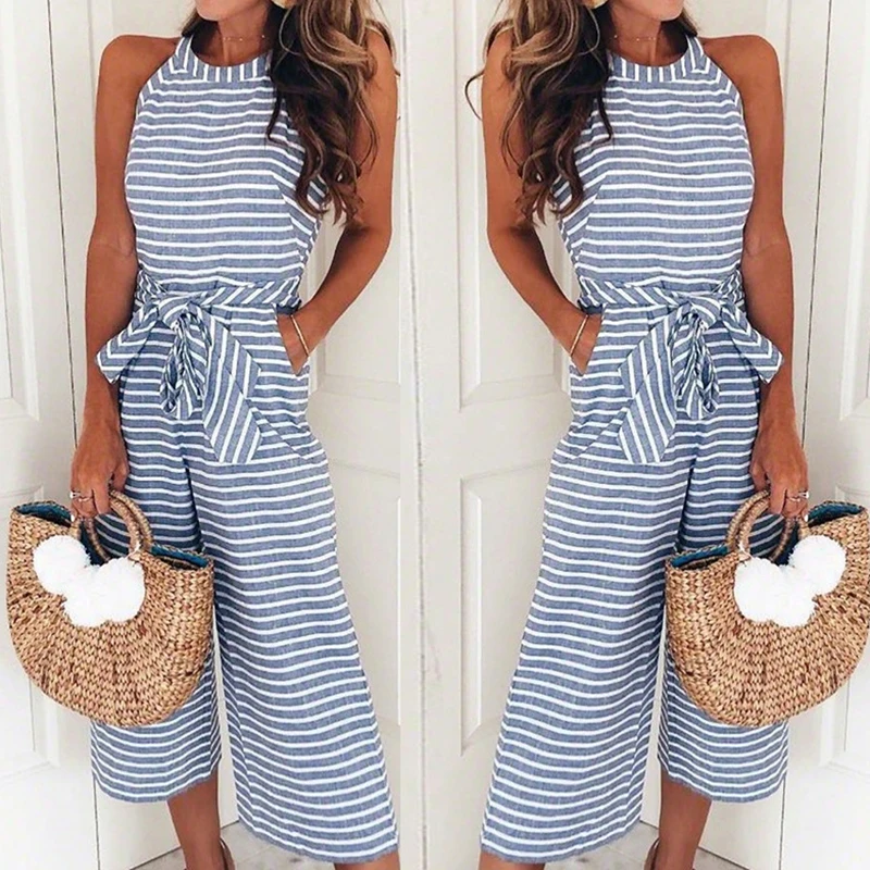 2019 Fashion Wide Legs Strip Playsuit Women Woman Casual Sleeveless Bow Sashes Elegant Jumpsuits Ladies Summer Overall Romper