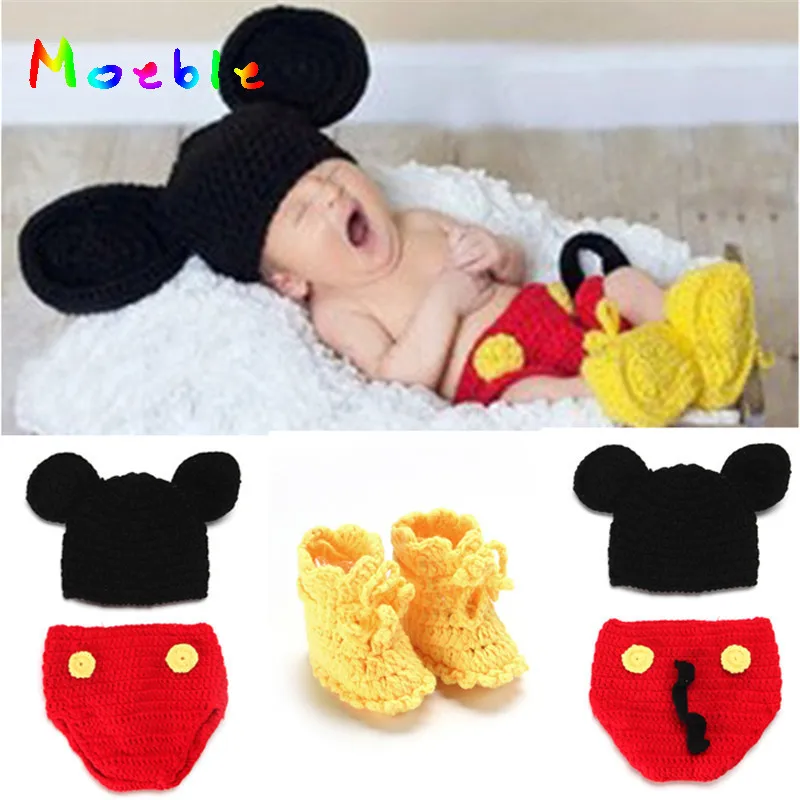 Hot Sale Mickey Hat Pants&Shoes Set Boy Knitted Costume Cartoon Design Baby Photography Props Halloween Outfits MZS-14016