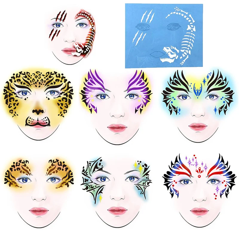 

Hot 7PCS Reusable Soft Face Paint Stencil Facial Design Make Face Body Painting Temporary Tattoo Template For Halloween Party