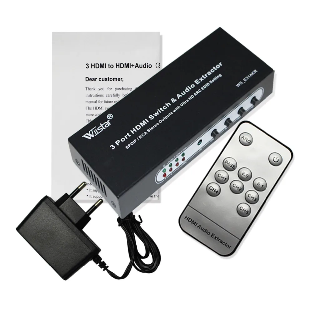 Wiistar 3 Port HDMI Switch HDMI 3 IN 1 OUT with MHL Audio Extractor 4K EDID 5.1CH Spdif R/L Output Converter