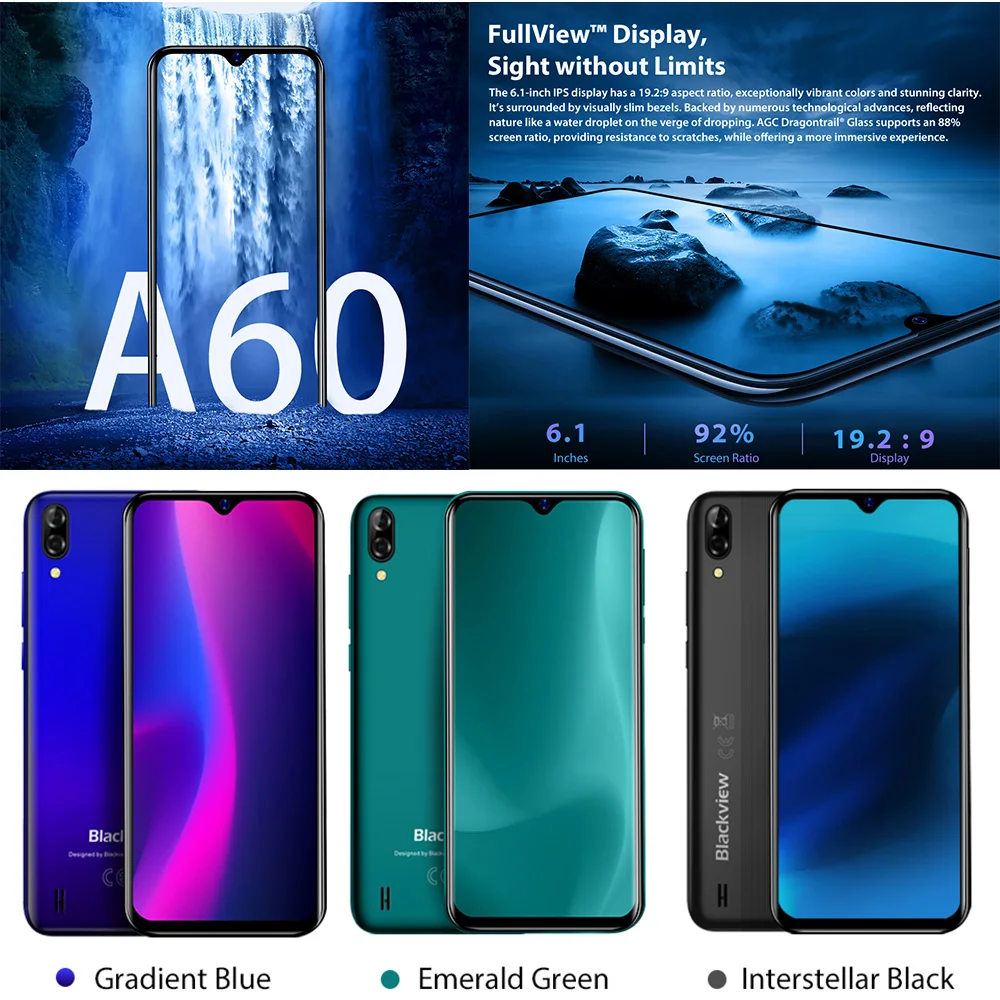 Blackview A60 смартфон 4080 мАч 1 Гб + 16 четырехъядерный Android 8 6 дюйма 19 2: 9 экран 13 0 МП