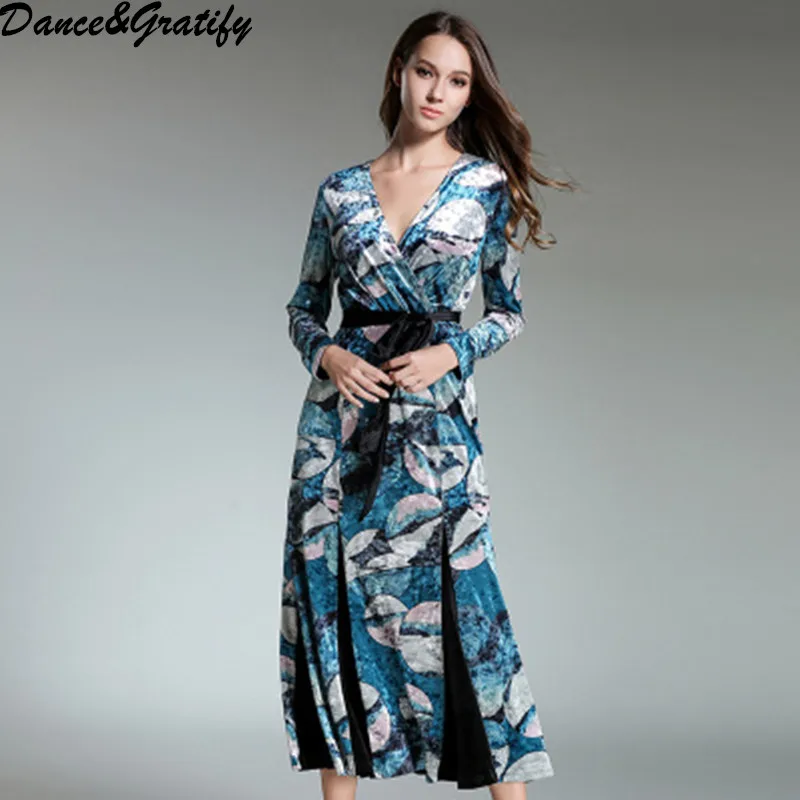 

High Quality Vintage Print Christmas Party Dress 2018 New Autumn Winter Women Caaual Long Sleeve Velvet Dress Suknia wieczorowa