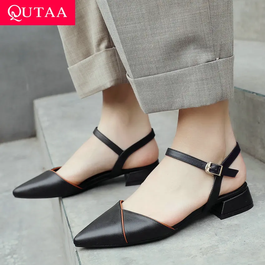 

QUTAA 2019 Women Shoes Buckle Pointed Toe Cow Leather+pu All Match Platform Square Heel Spring/autumn Women Pumps Size 34-39