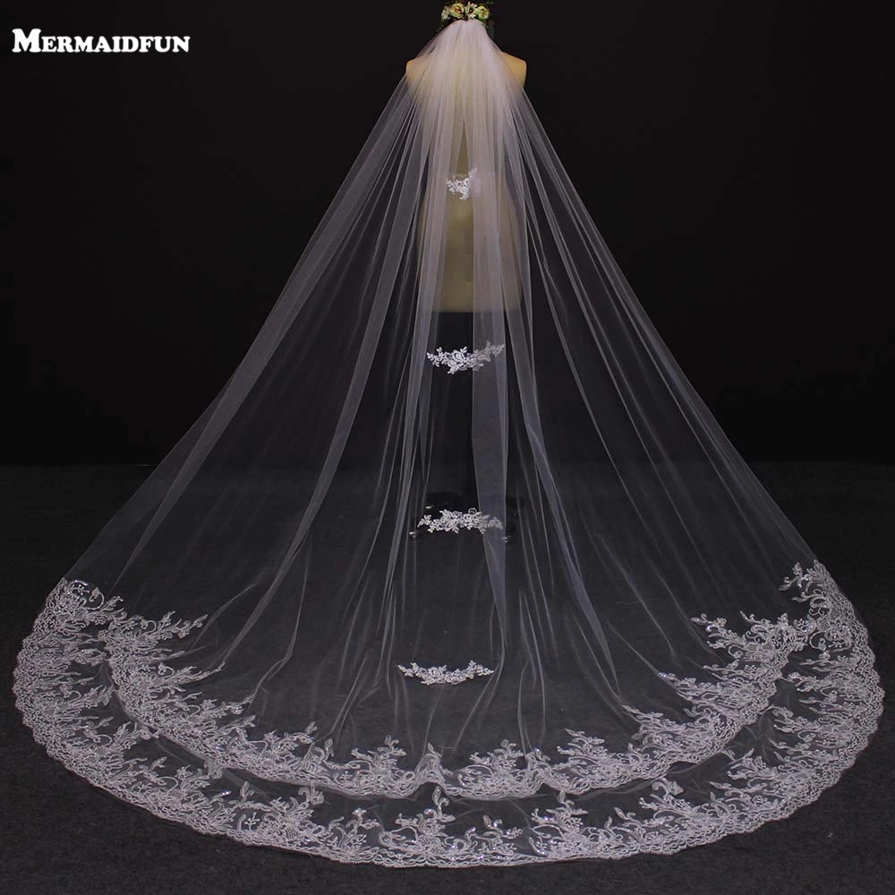 Bride Veils White Applique Tulle 3 Meters veu de noiva long wedding veils bridal accessories