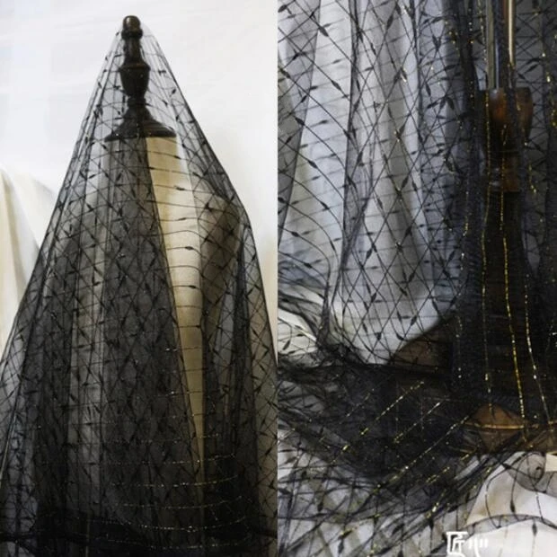 

165cm Perspective of Golden Bright Silk Black Screen Fabric Lace DIY Screen Wedding Dress Mesh Eugene Yarn textiles Fabric C190