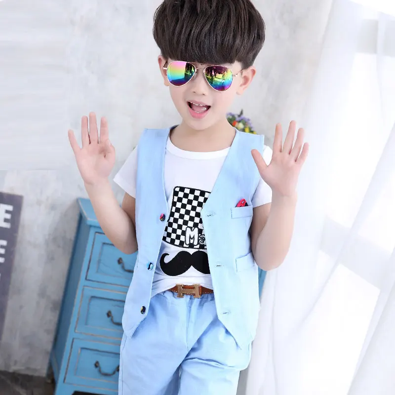 

2017 New 3 Designs Children Hemp Vest Suits for Boys Brand England Style Kids Summer Weddings Waistcoat Suits Boys Outwear