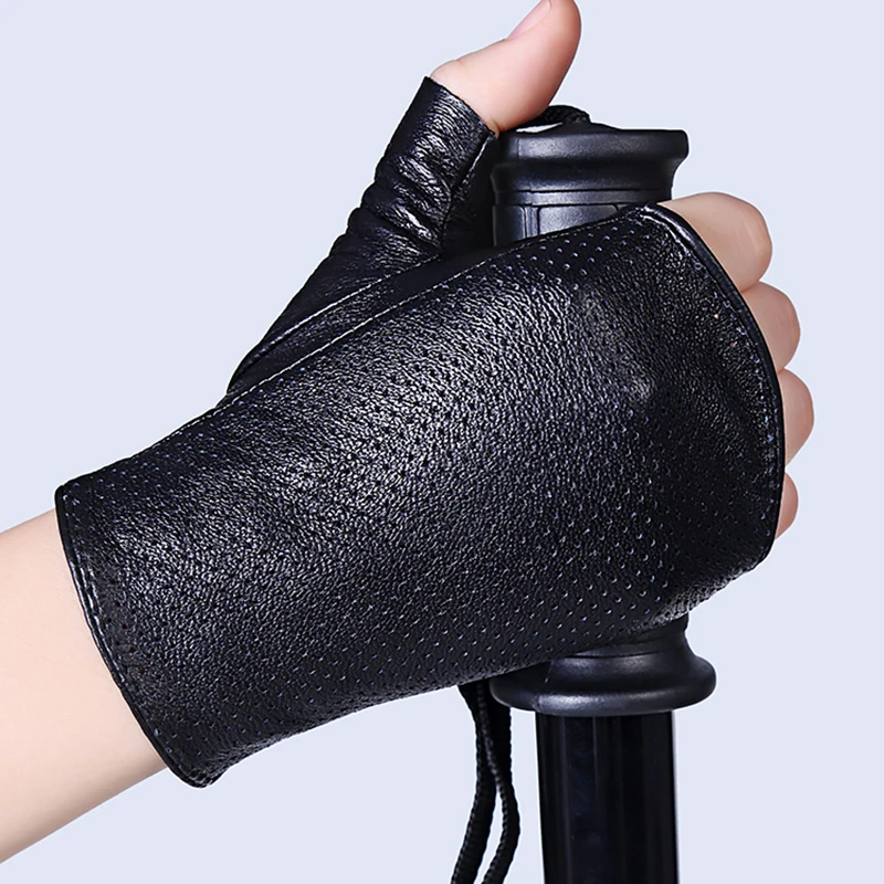 

Genuine Leather Semi-Finger Gloves Female Spring And Summer Dance Breathable Outdoor Cutout Slip-Resistant Half Finger Sheepskin