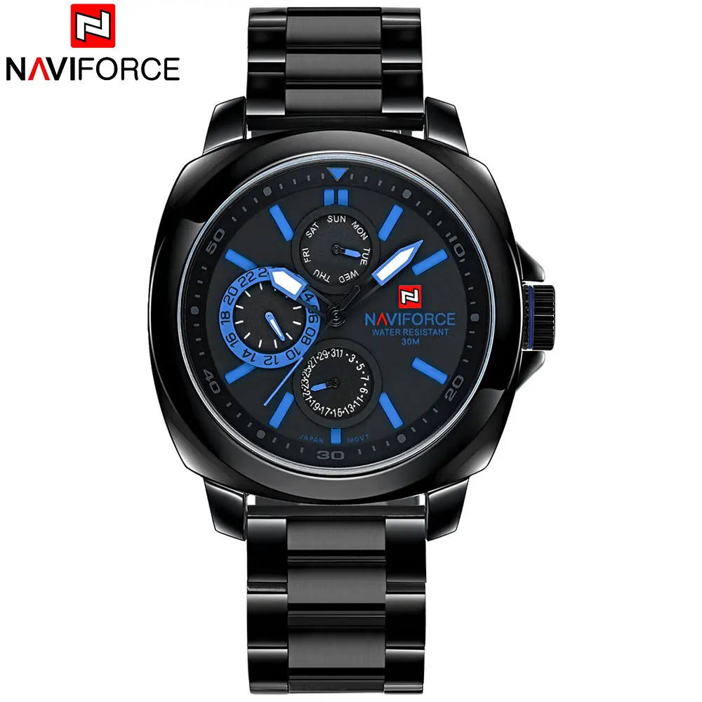 Navforce кварцевые часы Для мужчин watetproof Спорт Часы черный Нержавеющая сталь Группа 24 часа Авто Календари часы Relogio Masculino - Цвет: blue