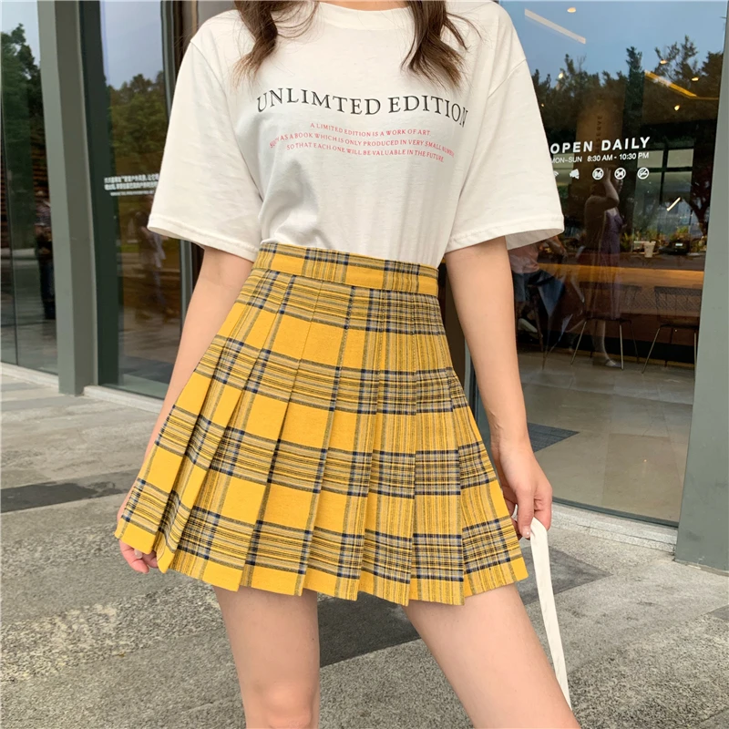 

New Summer Harajuku Punk Style Sweet High-waisted Yellow Chequered Short Skirt A-shaped Plus Size Pleated Short Skirt 2019