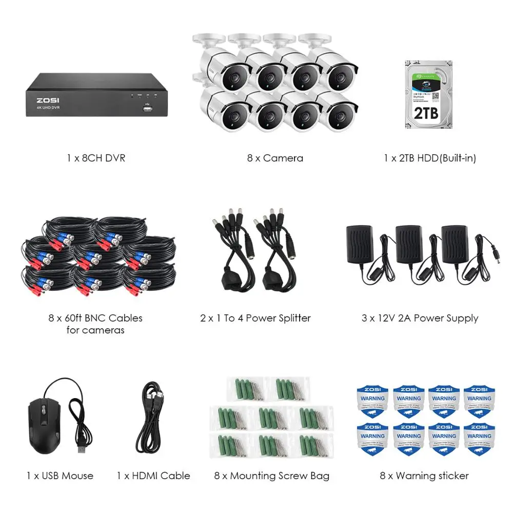 ZOSI 4K 8CH Ultra HD sistema de cámara CCTV H.265 + DVR Kit con 2TB HDD 8 Uds 8MP TVI sistema de vi