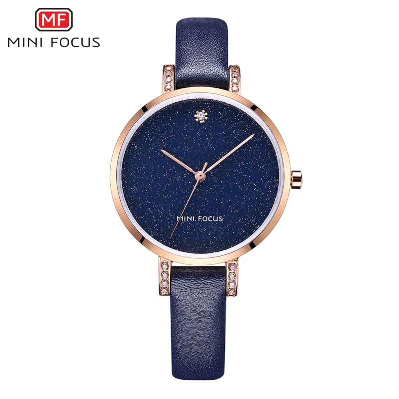 

MINI FOCUS Starry Business Women Watch Rhinestone Sandy Dial Round Case Genuine Leather Strap Quartz Movement Lady Wristwatches