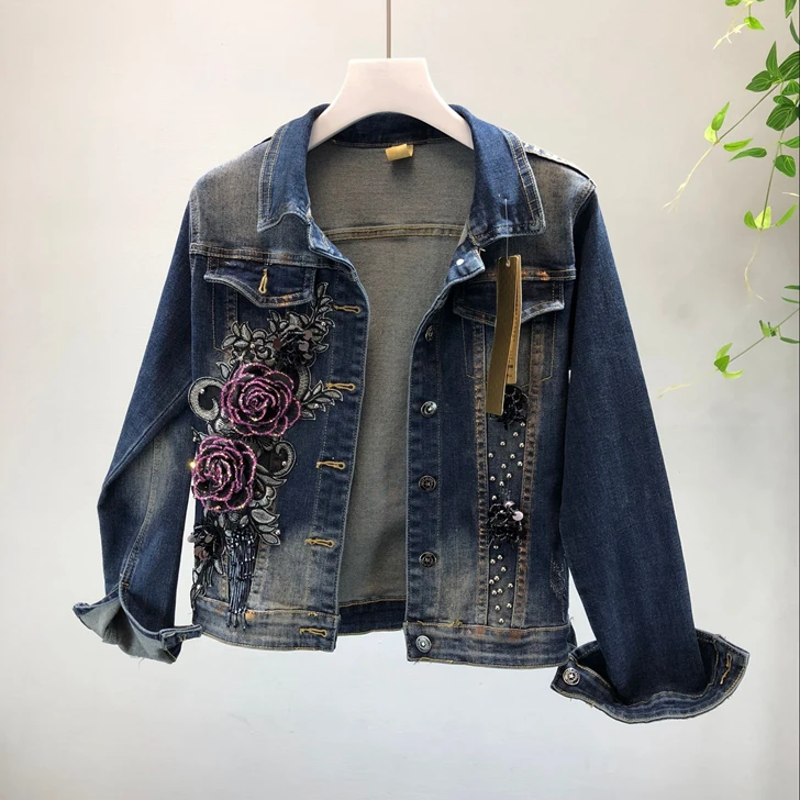 2019 Spring Autumn Woman Long-sleeve Denim Jackets Embroidered Coat + Dark Blue Retro Jeans Two Piece Sets Slim Pencel Pants Set plus size pjs