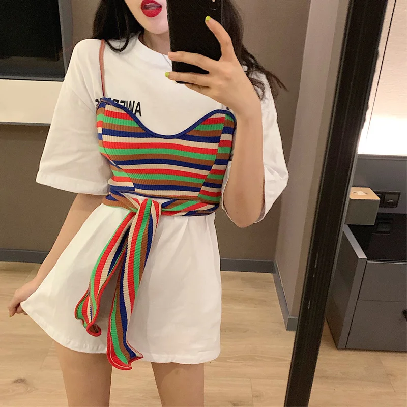 الصيف المرأة قصيرة الأكمام طويلة تي شيرت + قوس قزح مخطط الرافعة تي شيرت جديد فضفاض تيز قميص الإناث الأزياء المد شيك الهيب هوب الصيف المرأة قصيرة الأكمام طويلة تي شيرت + قوس قزح مخطط الرافعة تي شيرت جديد فضفاض تيز قميص الإناث الأزياء المد شيك الهيب هوب