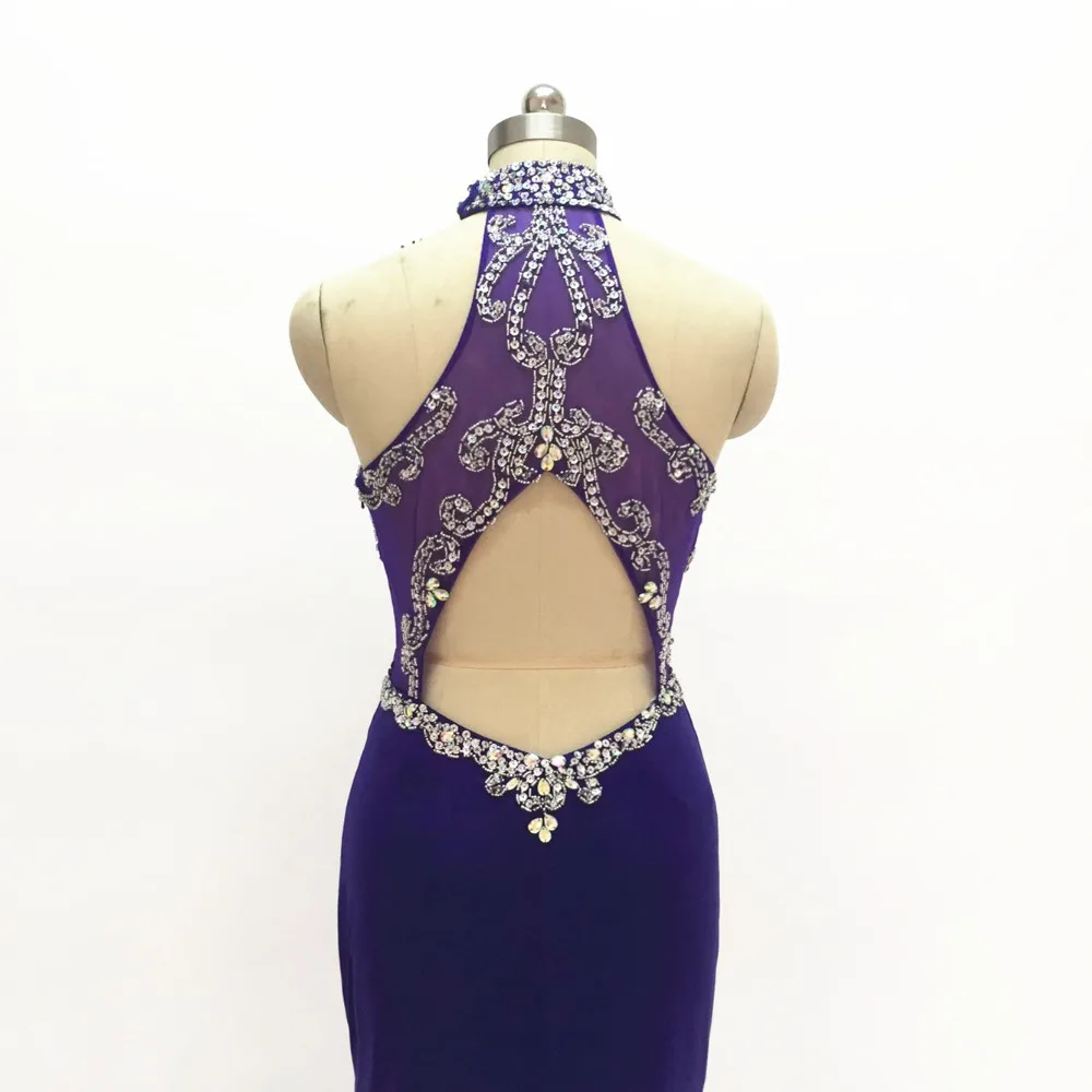

2019 Long Prom Dresses Floor Length Mermaid Evening Dresses Halter formal Party Dress With Stones sheer neck robe de soiree