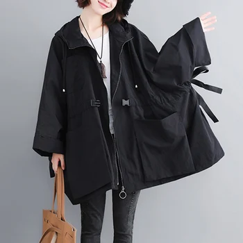 

2019 Women's Trench Coat Spring Autumn Windbreaker Female New Large Size 200 Pounds Loose Casual Hooded Outerwear Overcoat LP104