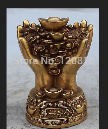 

JJJ000++15CM Marked Chinese Bronze Fengshui Wealth Yuanbao Money Double Hand Hold Statue