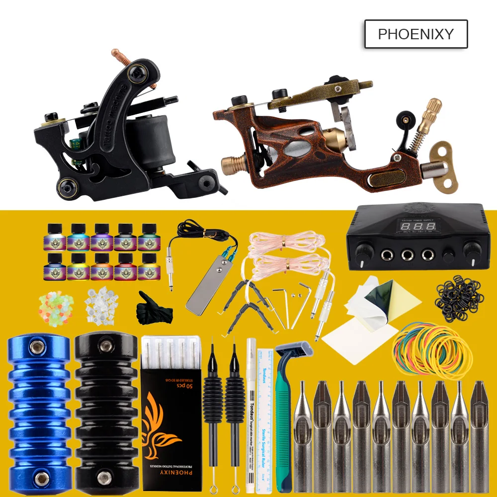 Complete Tattoo Kit 2 Rotary Tattoo Machine Set LED Power Box Set 10