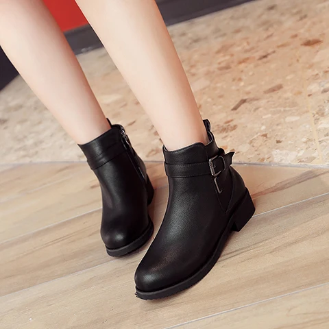 

Big Size 11 12 13 14 15 16 17 Ma'am Coarse heel Short boots Metal decoration Pure color boot barrel High heel boots