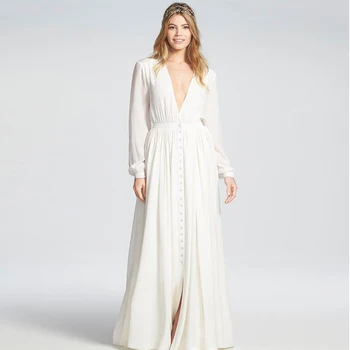 

Normcore Wedding Party Dress Deep V-neckline Long Sleeve White Elegant Women Dress Vestidos Button Front Long Party Maix Dresses