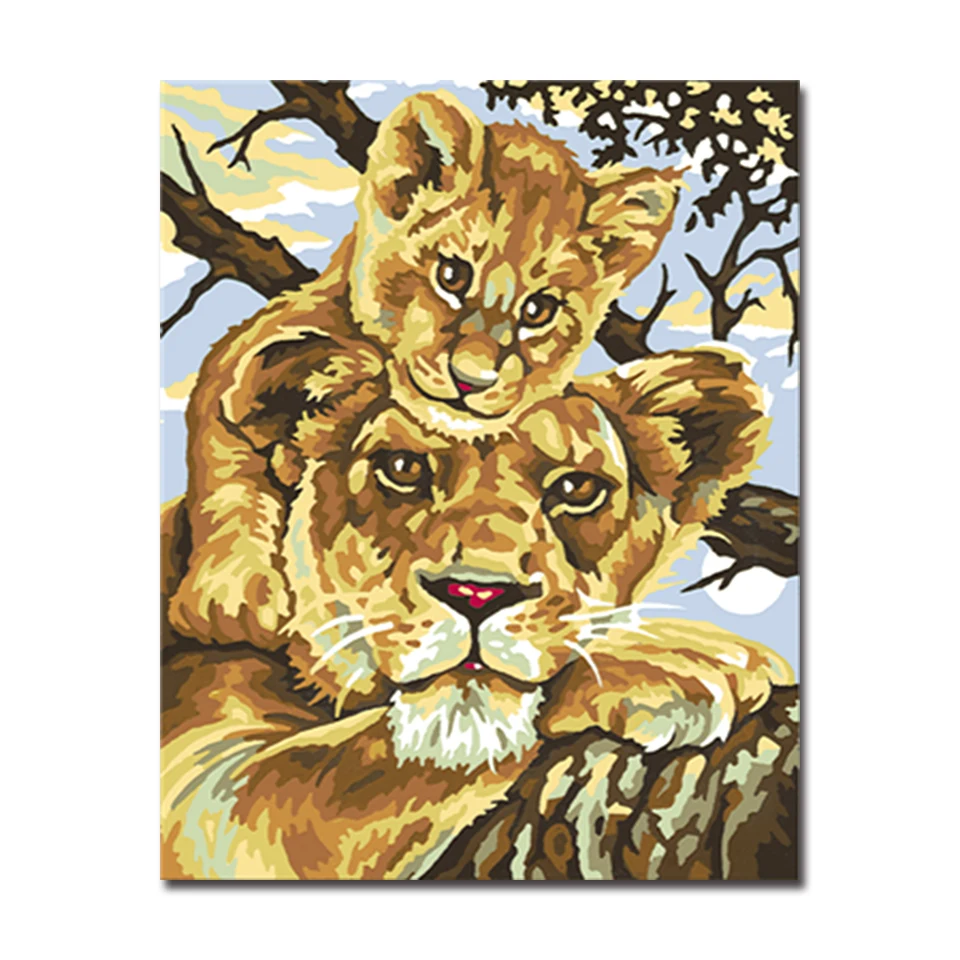Framed DIY Handpainted African Lions Oil Painting By Numbers Kits