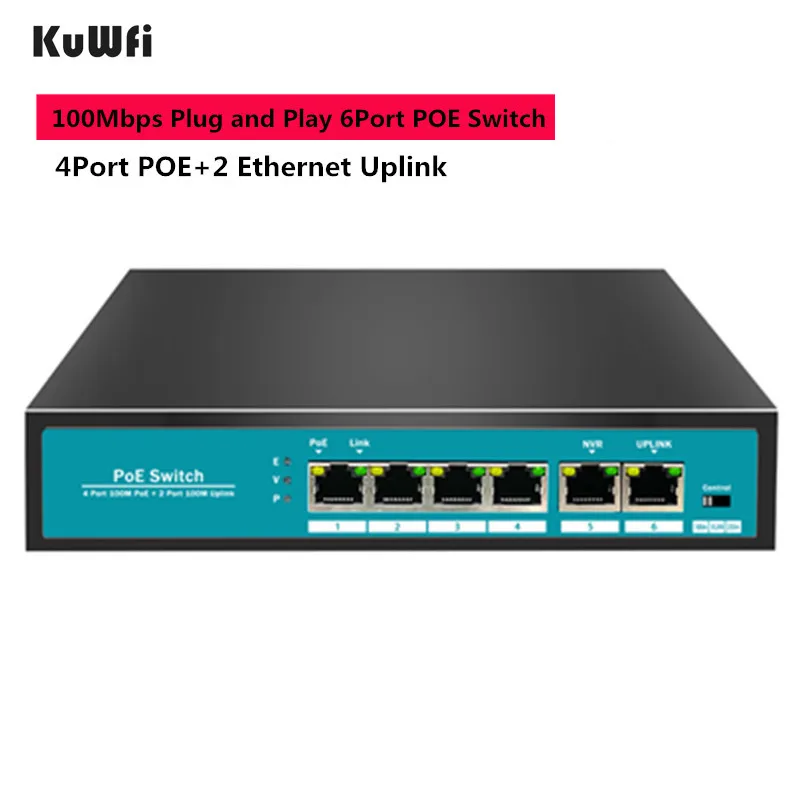 

6 Ports 100Mbps Network Switch 48V Fast Ethernet POE Switch With 4Ports POE + 1 Uplink + 1 NVR for AP/IP Cameras