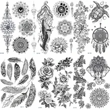 Tatuagem temporária de henna, renda preta, adesivo de coruja, mandala, à prova d'água, tatuagem falsa, arte corporal, pulseira mehndi de 20x15cm pasta de tatuagem