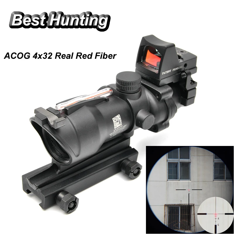

Hunting Tactical Riflescope ACOG 4X32 Real Red/Green Fiber with Micro Red Dot Sight Black Color