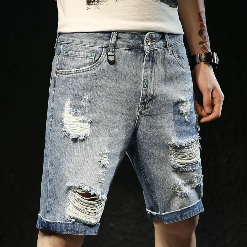 Summer Men Jeans Knee Length Print Hole Distressed Washed