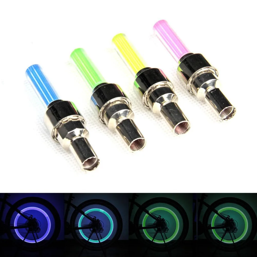 

Wholesale 100pcs/lot 4 Colors Choice Bicycle Light Car Wheel Tire Valve Cap Spoke Neon Flash LED Light Lamp With Batteries