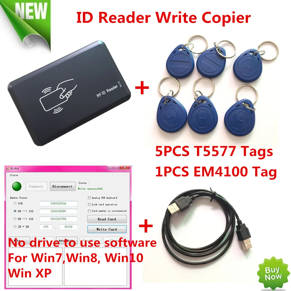 

125KHZ RFID ID Card Reader Writer Copier Duplicater For Access Control+5 PCS EM4305/T5557 Tags+ DEMO Nodriver Software  FreeShip