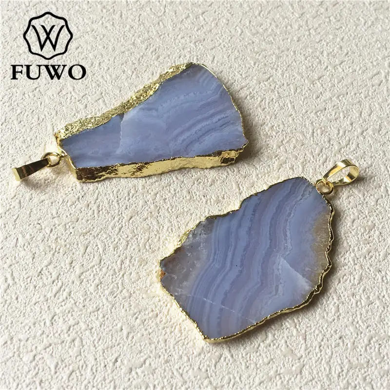 

FUWO Fashion Irregular Blue Lace Agates Pendant With Gold Trimmed Natural Stone Jewelry Findings Wholesale PD218