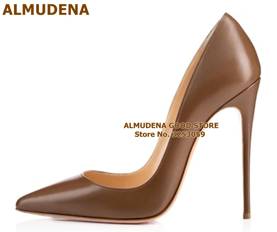 ALMUDENA Top Brand Nude Brown Wine Red Matte Leather High Heel Shoes Celebrity Popular Shallow Pumps 12cm Stiletto Heels Shoes