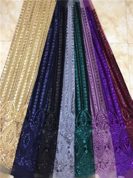 

Upscale Style Sequins Lace Fabric Sequined Embroidered Guipure Net Lace African Wedding Dresses Sewing Mesh Material Purple Gold