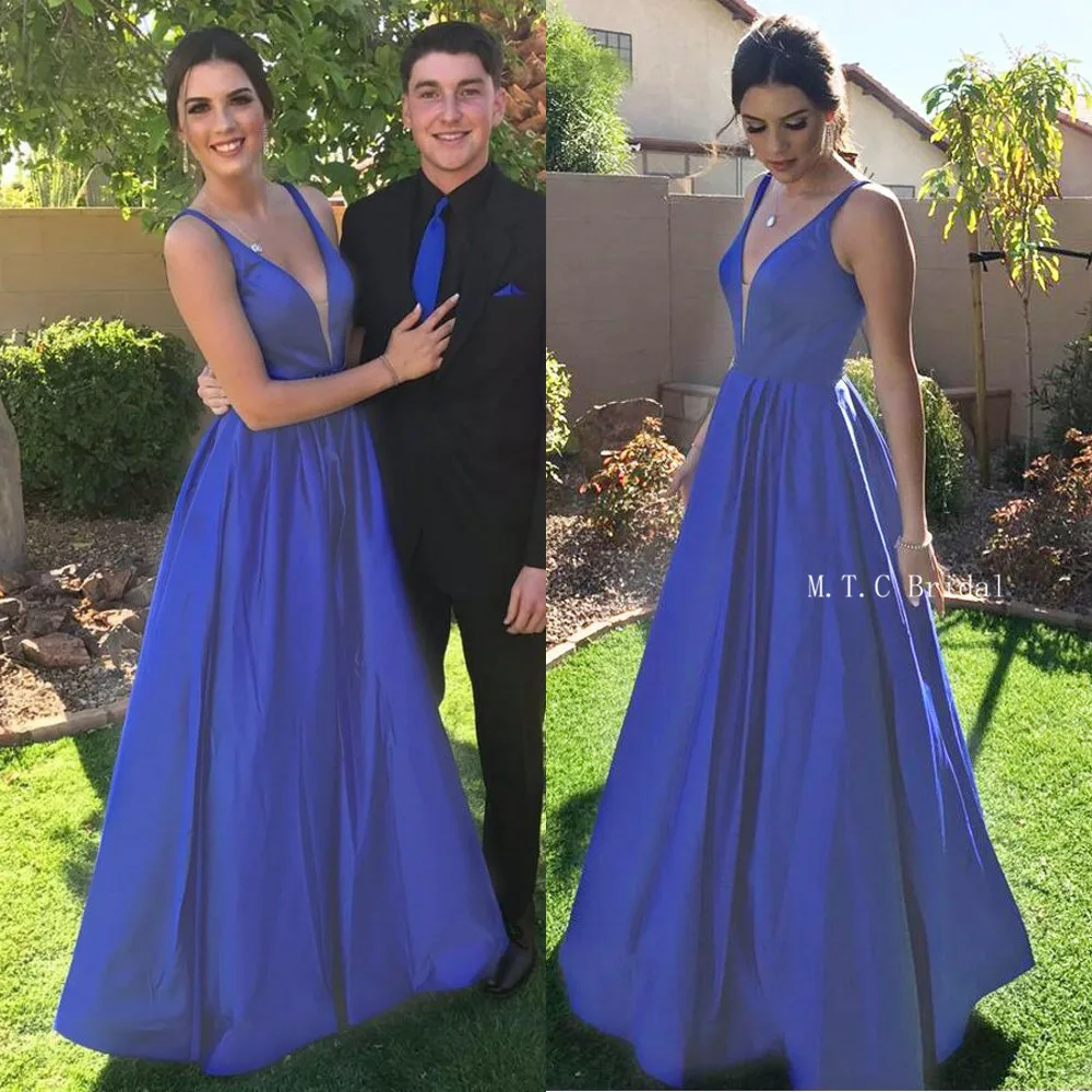 

Elegant Blue Satin Long Dress Evening V Neck A Line Floor Length Formal Party Dresses 2019 Hot Selling Women Prom Gowns Cheap