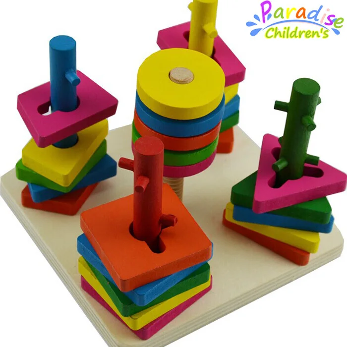 1Set  Wooden five building blocks of geometry column education toy  paired cognitive color wooden toys
