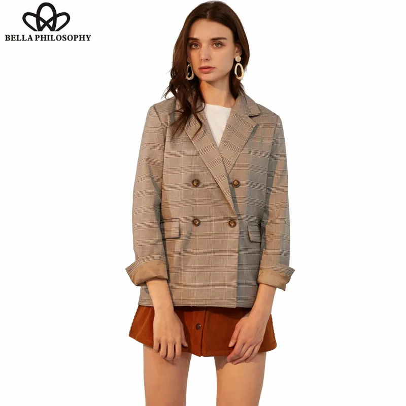 Wonder  spring Slong Sleeve Plaid Blazers Vintage Double Breasted Female Loose Blazers Casual Office Lady Loose Blszers Outwears
