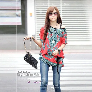 

2019 Women Floral Printed Loose T-shirt Female Short Sleeve Tops With Belt Summer New Fashion Batwing Tees
