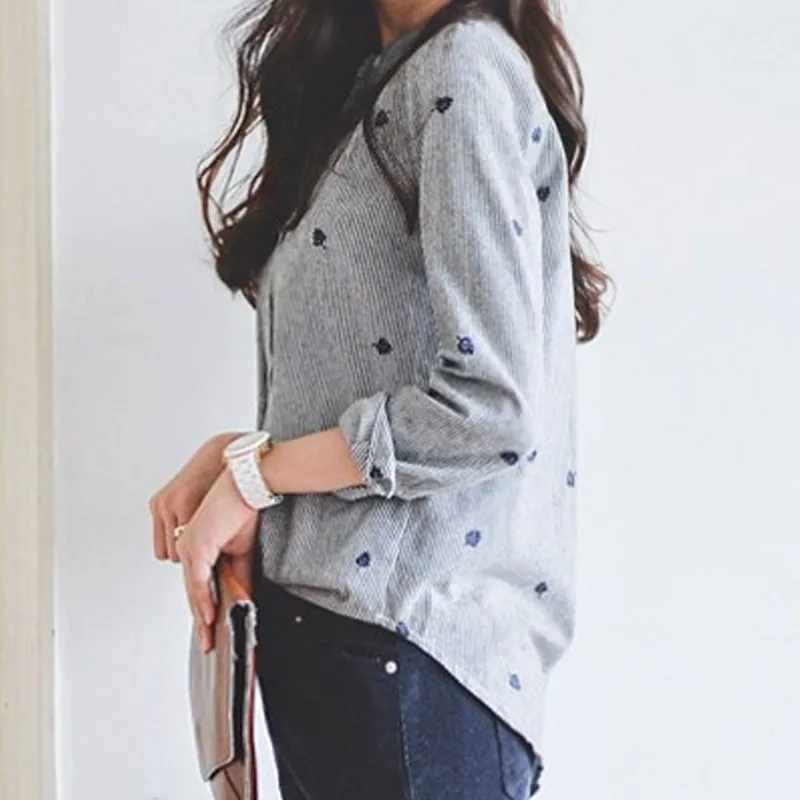 أزياء النساء يترك التطريز طويلة الأكمام بلوزة عارضة قميص مخطط البلوزات قمم NYZ متجر