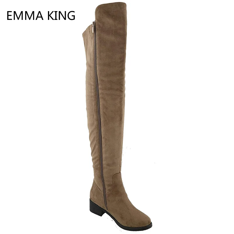 

New Flock Round-toe Double Zipper Side boots with low heels Over the Knee Women Shoes Thin Thigh Long Booties