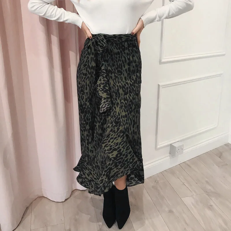 

Women's Fashion Skirts Print Leopard Loose High Waist Ruffled Large Swing Split Belt Long Skirt Ladies Falda