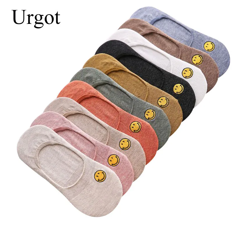 

Urgot 5 Pairs Women's Socks 10 Color Cotton Smiling Face Embroidery Socks Summer Autumn Invisible Silicone Anti-skid Female Sock