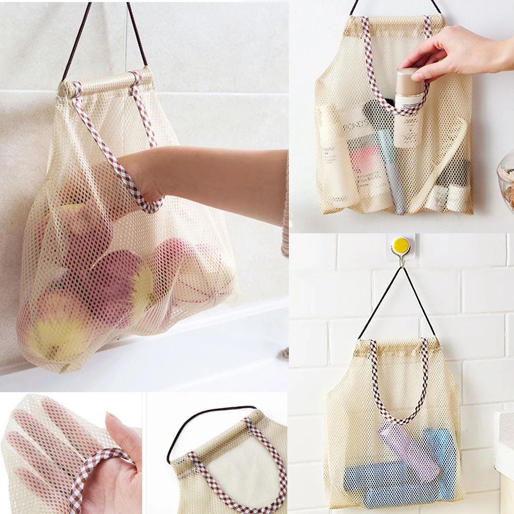 

Beige Reusable Washable Mesh Fruit Vegetable Storage Bag Food Kitchen Shopping