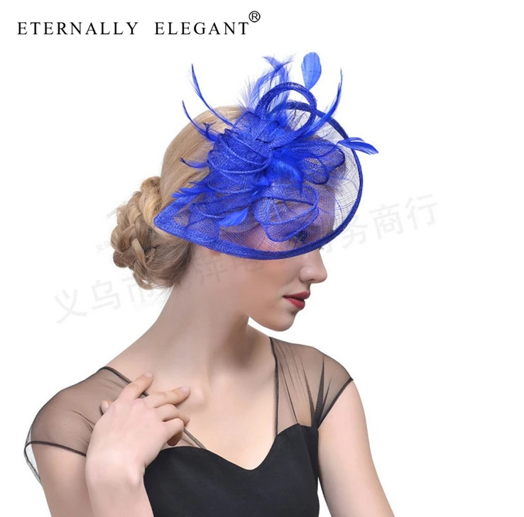 Новинка, головной убор из пряжи с перьями, модная шляпа, элегантные женские вечерние винтажные головные уборы для свадебной вечеринки EE2401 - Цвет: Royal blue