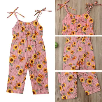 

Toddler Baby Girl Sunflower Strap Striped Romper Overalls Holiday Outfit Clothes