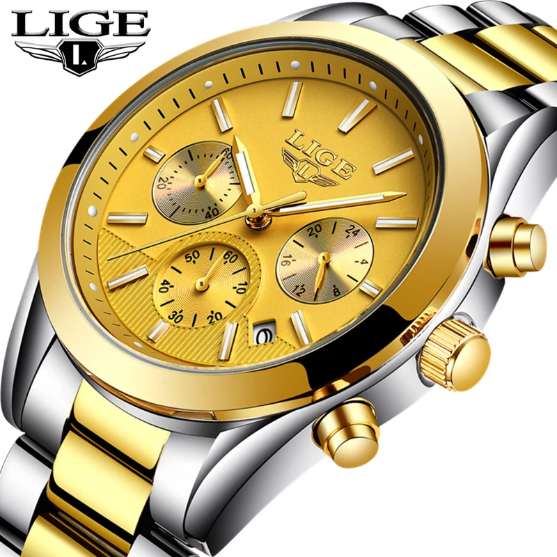 

LIGE Top Luxury Brand Men Casual Sport Wrist Watch Waterproof Full Steel Fashion Gold Watch Men Quartz Watches Relogio Masculino